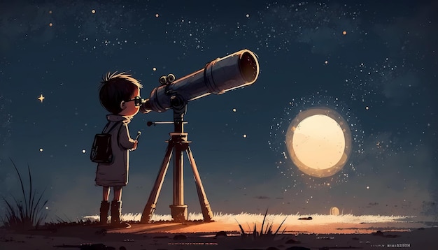 A child looks at the moon with a telescope digital art illustration generative AI