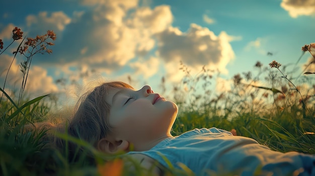 Photo a child lying on their back in the grass staring at the clouds dreaming of adventures that seem just out of reach