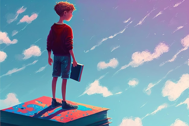 Child on the magic book Boy standing on the opened book and looking at other books floating in the air Digital art style illustration painting