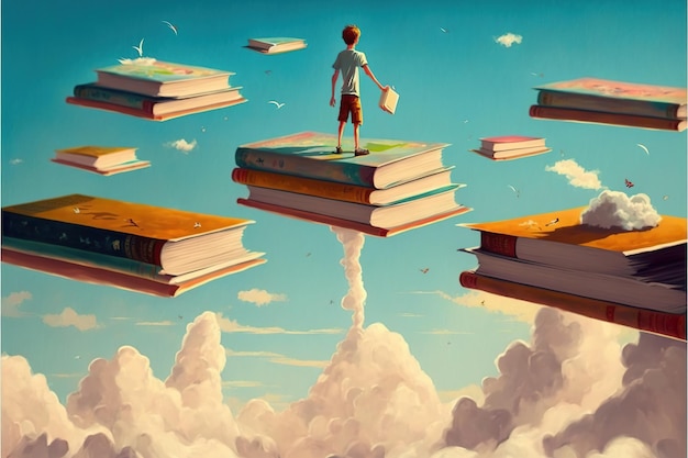 Child on the magic book Boy standing on the opened book and looking at other books floating in the air Digital art style illustration painting