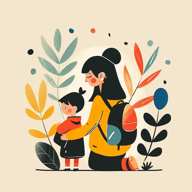 Photo child and mother going to kindergarten illustration