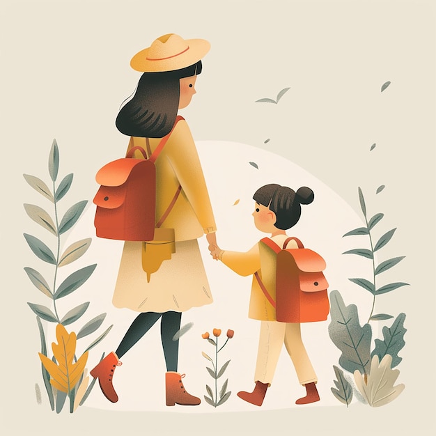 Photo child and mother going to kindergarten illustration