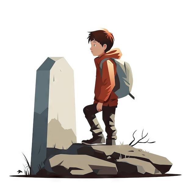 Child near tombstone grave in flat minimalist style AI Generated