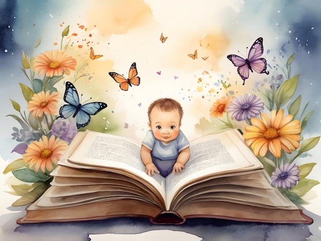 a child or old man read a book a big book self open book flower light butterfly with watercolor