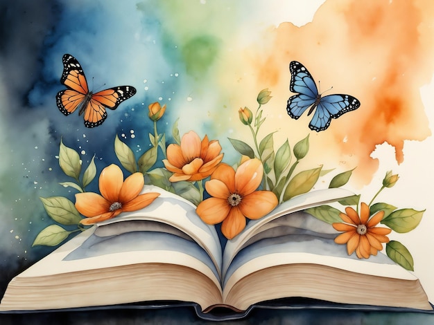 a child or old man read a book a big book self open book flower light butterfly with watercolor