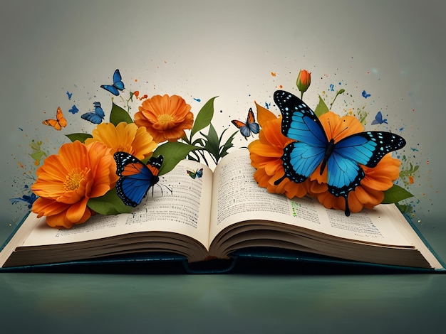 a child or old man read a book a big book self open book flower light butterfly with watercolor