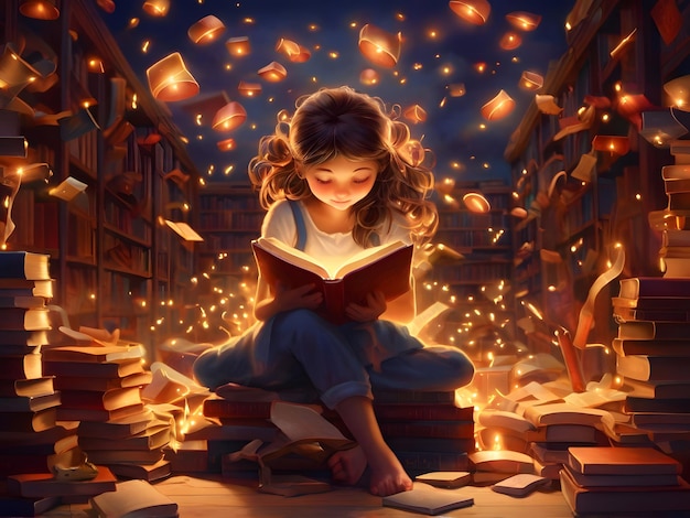 a child or old man read a book a big book self open book flower light butterfly with watercolor