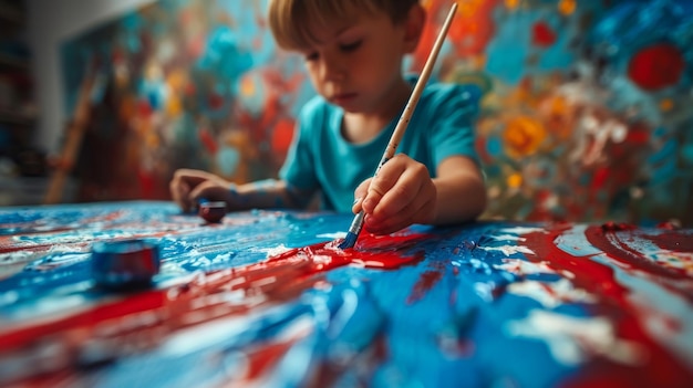 Photo a child painting an american flag on a canvas during a 4th of july craft activity