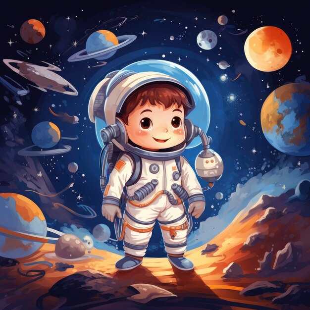 Child Paradise Theme Astronaut and Pet in Universe Space