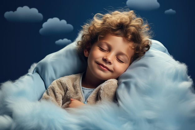 A child peacefully sleeping on a cloud bed isolated on a soft blue gradient background