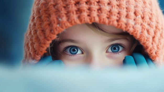 Child peeking into the camera from under the hood