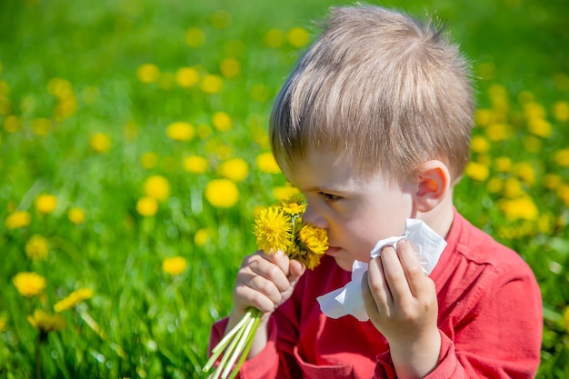 Child picks and sniffs flowers spring allergy