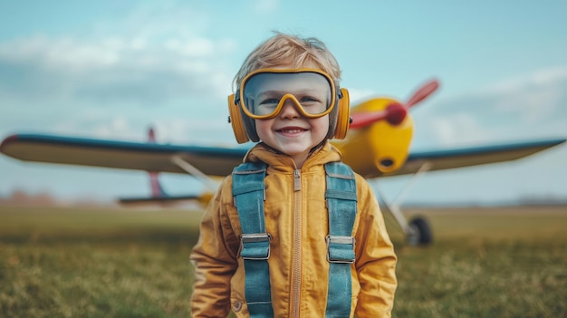 Photo a child pilot with aviator glasses standing proudly in front of a toy airplane