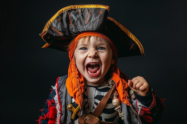 Photo child in a pirate costume with halloween props against a black background perfect for spooky and fun halloween portraits