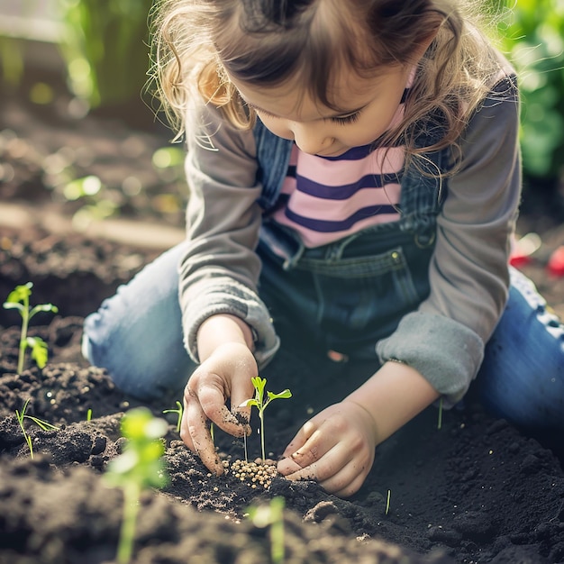 Photo a child planting seeds in a garden