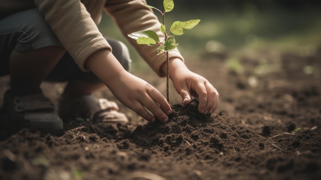 A child planting a tree in a field