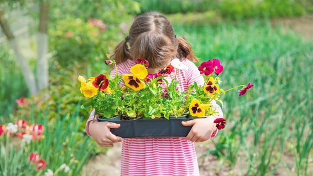 A child plants a flower garden. Selective focus.