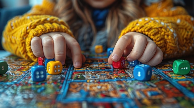 Photo child playing board game with dice