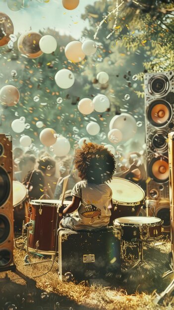 Photo a child playing drums with a bunch of balls in the background