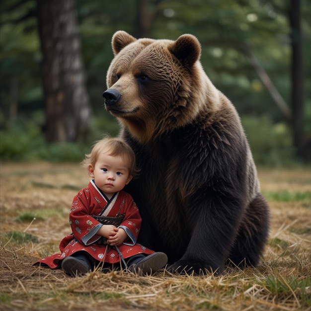 Photo child playing in the park with teddy bear