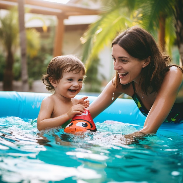 child playing in the pool together with mother