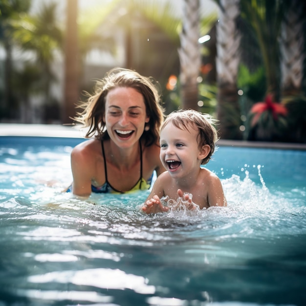 child playing in the pool together with mother