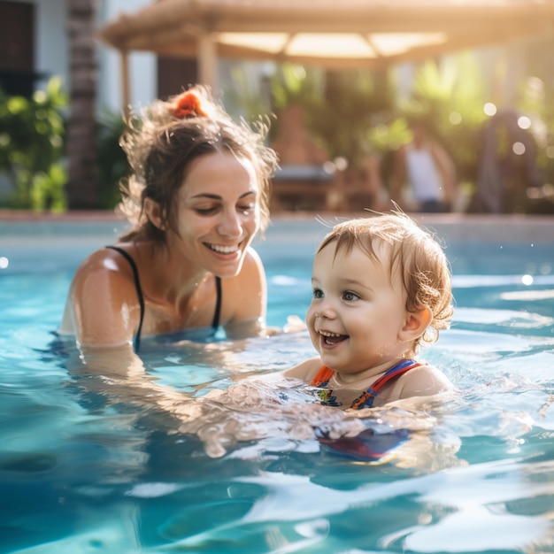 child playing in the pool together with mother