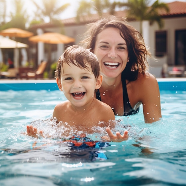 child playing in the pool together with mother