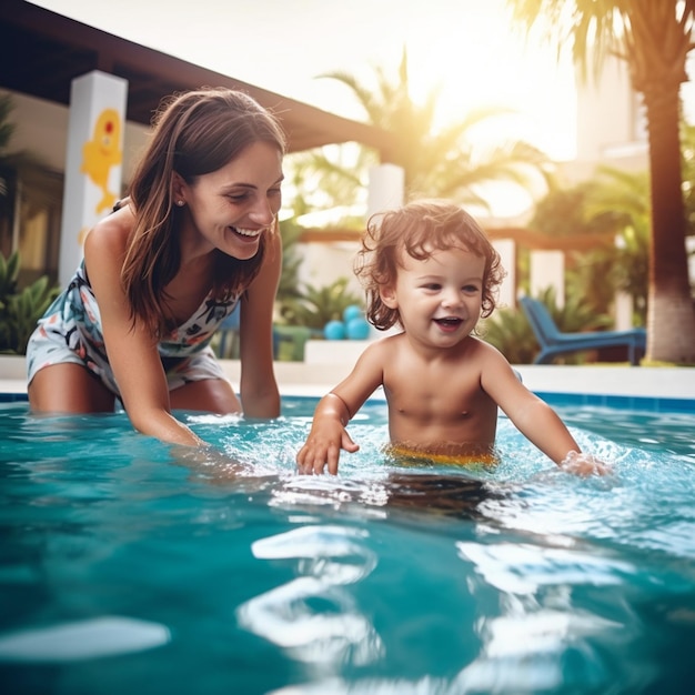 child playing in the pool together with mother