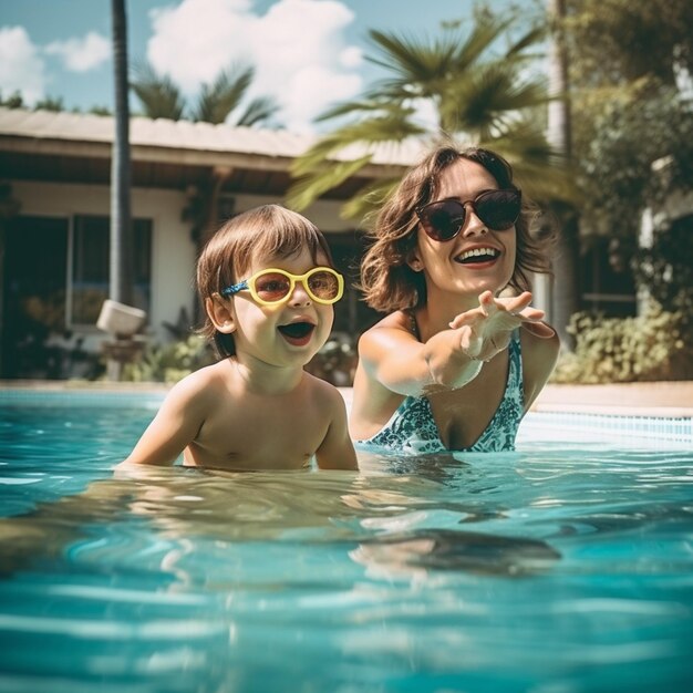 child playing in the pool together with mother