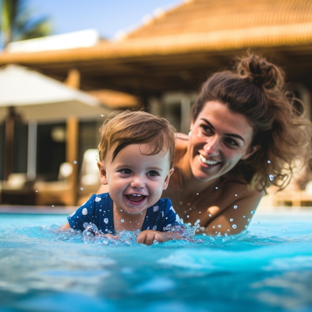 child playing in the pool together with mother