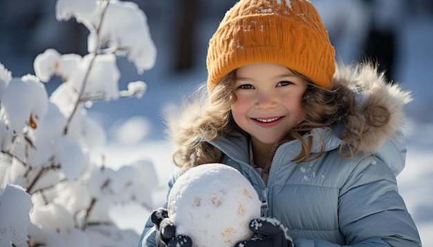 Child playing in the snowholding a snowballbright colors