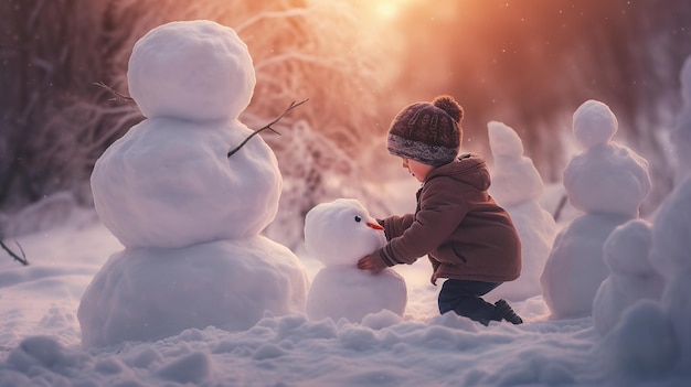 Child playing snowman on sunset Generative AI