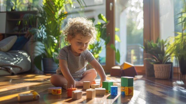 Photo the child playing with blocks