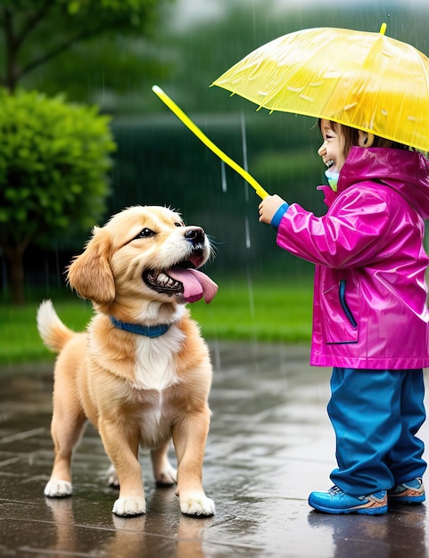 child playing with caramel dog in the rain and using umbrella