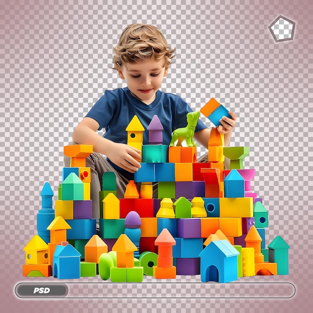 Child playing with colorful blocks Isolated on transparent background