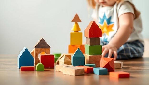 Photo a child playing with colorful wooden geometric blocks on a table showcasing early childhood