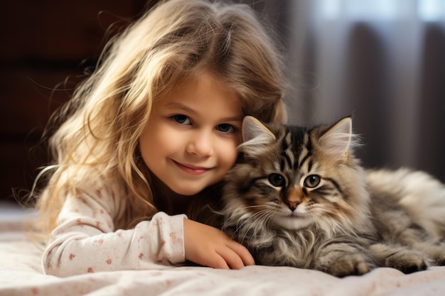 Child playing with kitten at home