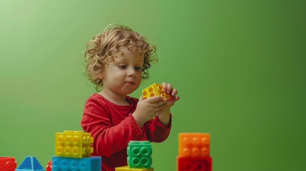 Photo a child playing with lego blocks and a green background