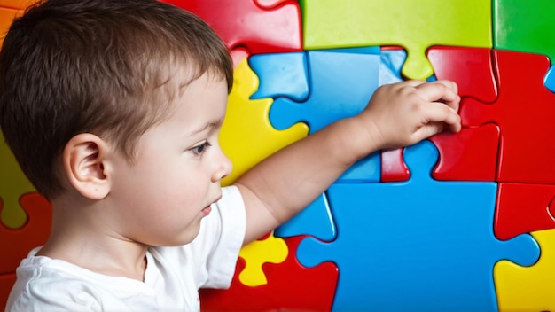 a child playing with puzzle pieces on a wall