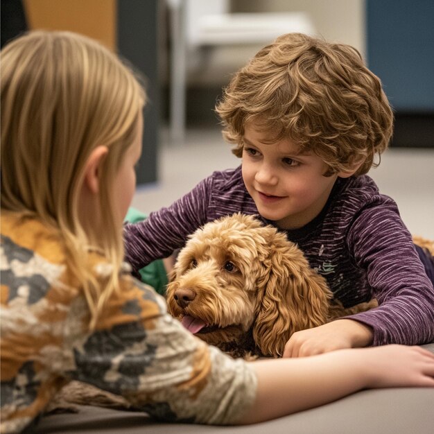 Photo a child playing with a therapy dog during a session