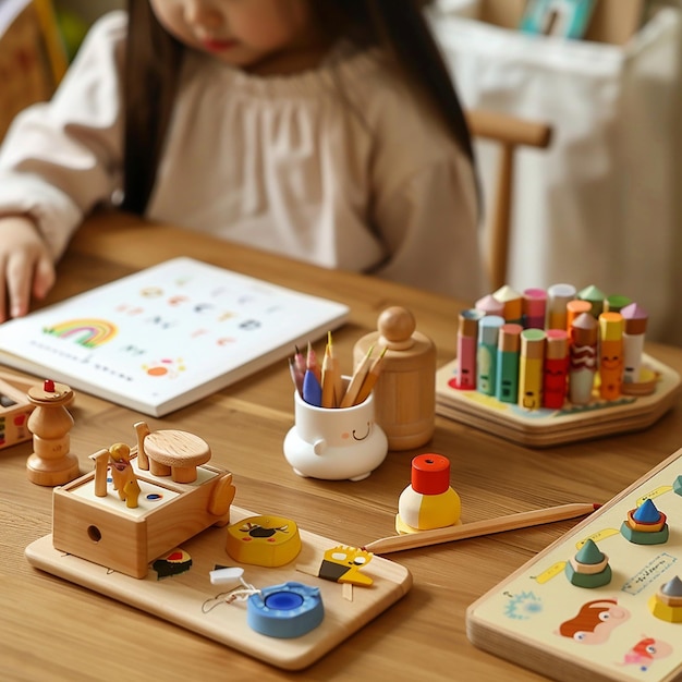 Photo a child plays with pencils and pencils on a table