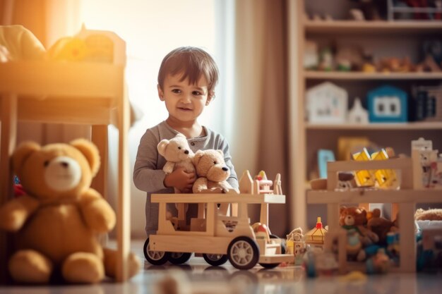 A child plays with a toy house.