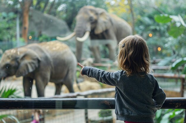 Photo child pointing at elephants at a zoo encounter