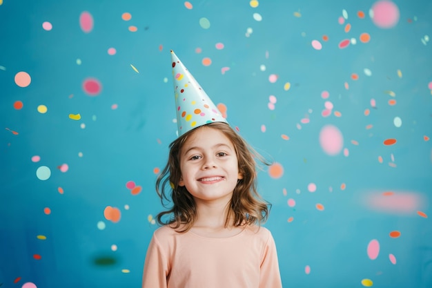 Photo a child in a polka dot party hat smiles brightly surrounded by colorful confetti capturing the spirit of birthday celebration and joy