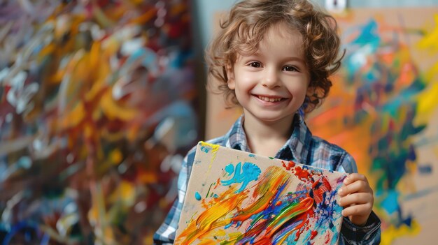 Photo child portrait of a young artist proudly showing off a painting