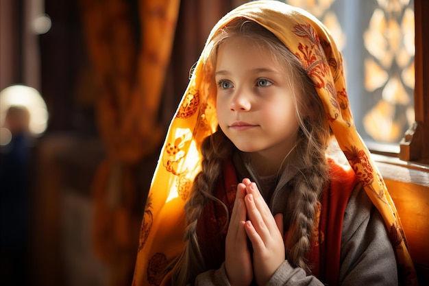 Child Praying in Church Receiving Blessing Closeup Portrait with Cinematic Studio Light