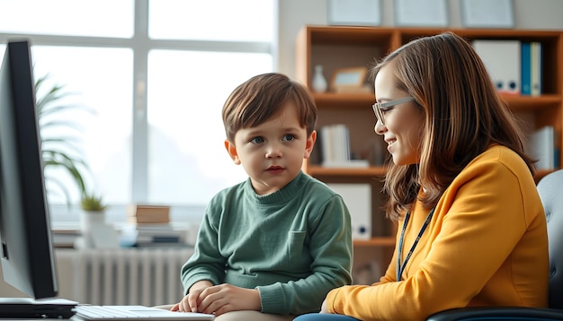 a child psychologist is engaged with a child in the office isolated with white highlights