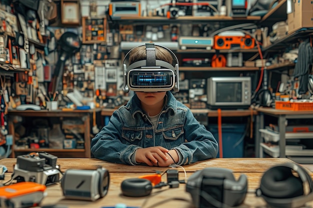 The child put on blackwhite 3D Virtual Reality glasses sitting in the room AI Generated