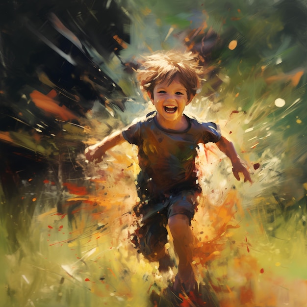 The child ran on the grass laughing brightly cinematic look